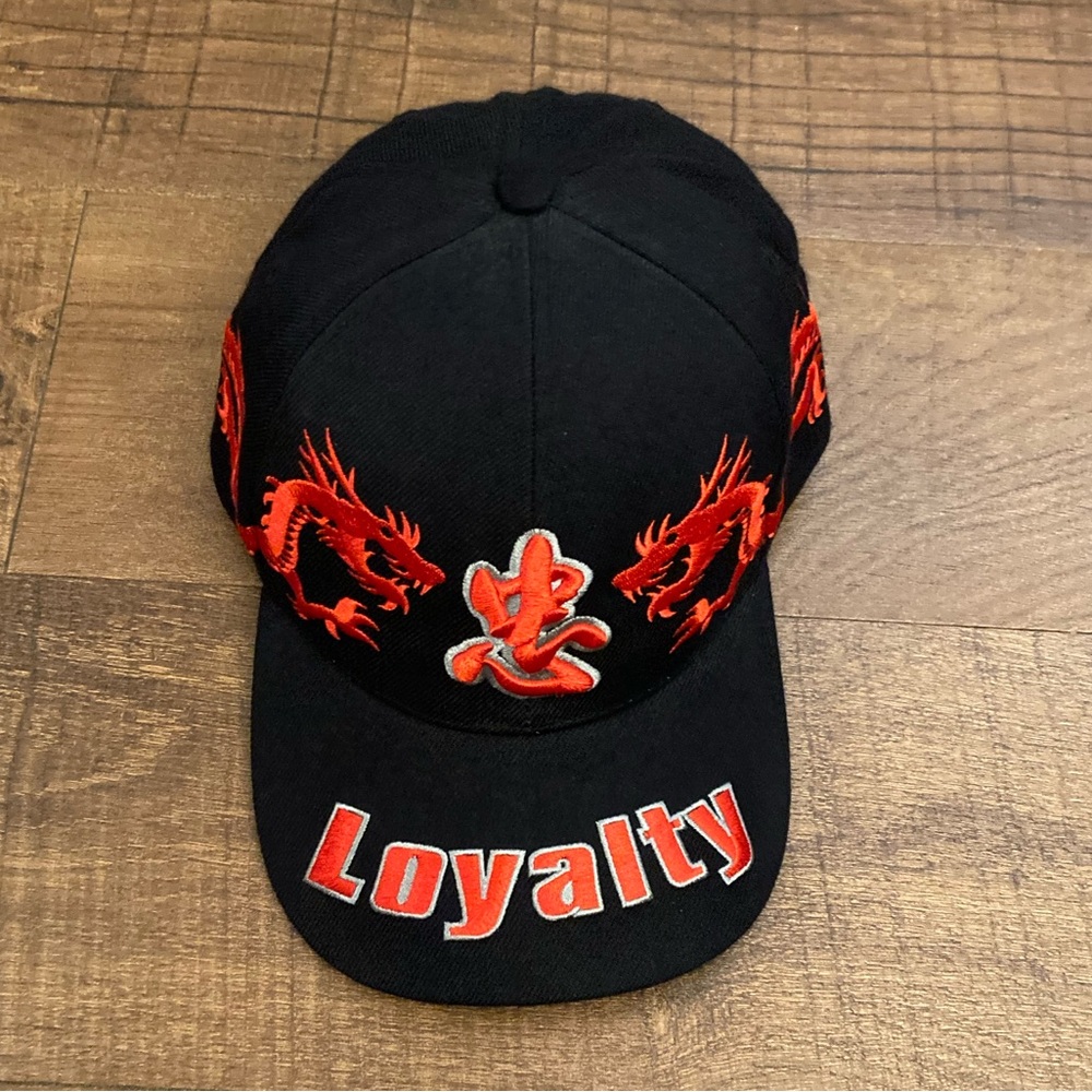 Harajuku Black Cap w/ Red Dragon Embroidery and "Loyalty" Visor Strapback OSFM